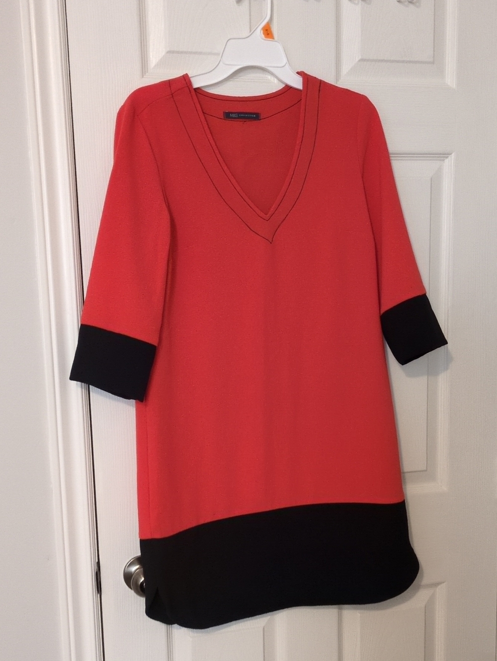 Coral V-Neck Mini Dress with Black Trim